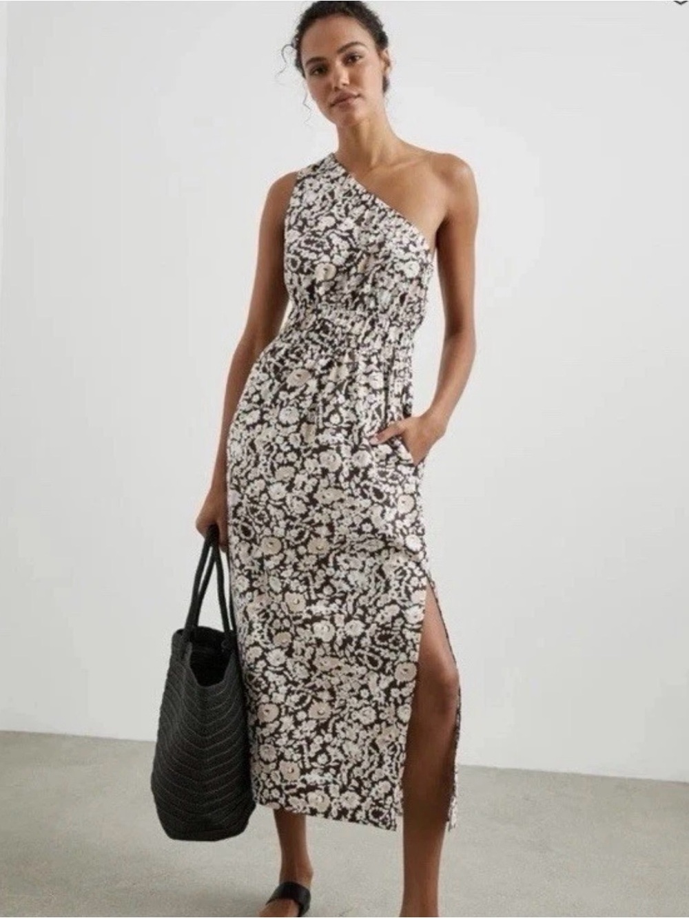 Rails One-Shoulder Floral Midi Dress in Brown and Cream